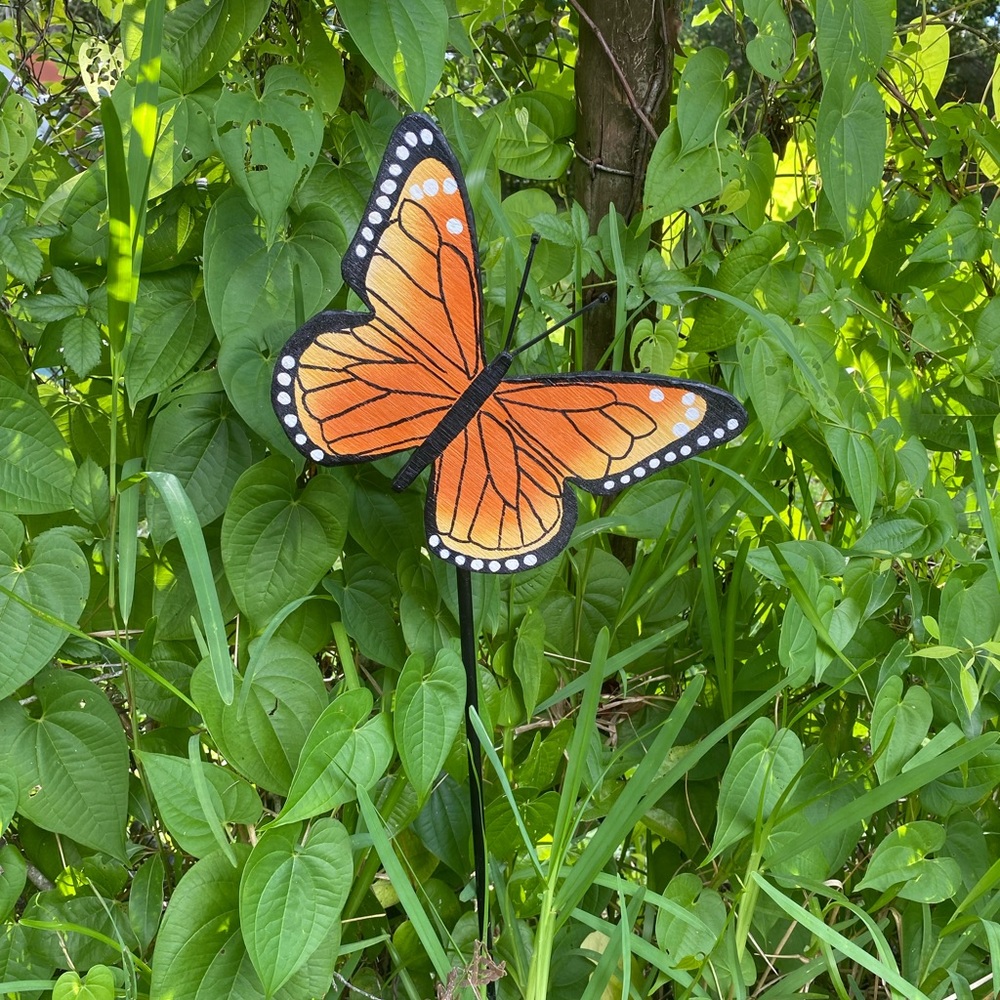 Handcrafted Butterflies with or without 37” stake. yellow/orange. 9 1/2”x7”.